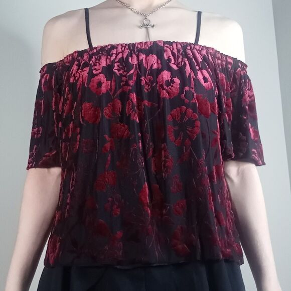 Forever 21 Tops - Burnout Velvet Red & Black Off The Shoulder Top